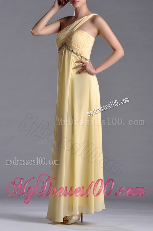 Exquisite One Shoulder Yellow Evening Dress with Beading and High Slit