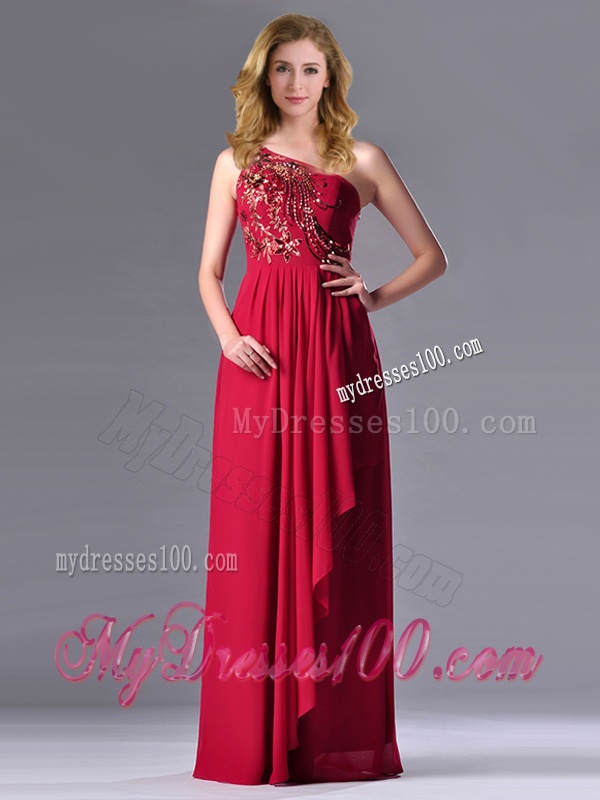 Fashionable Empire One Shoulder Sequins Red Evening Dress with Side Zipper