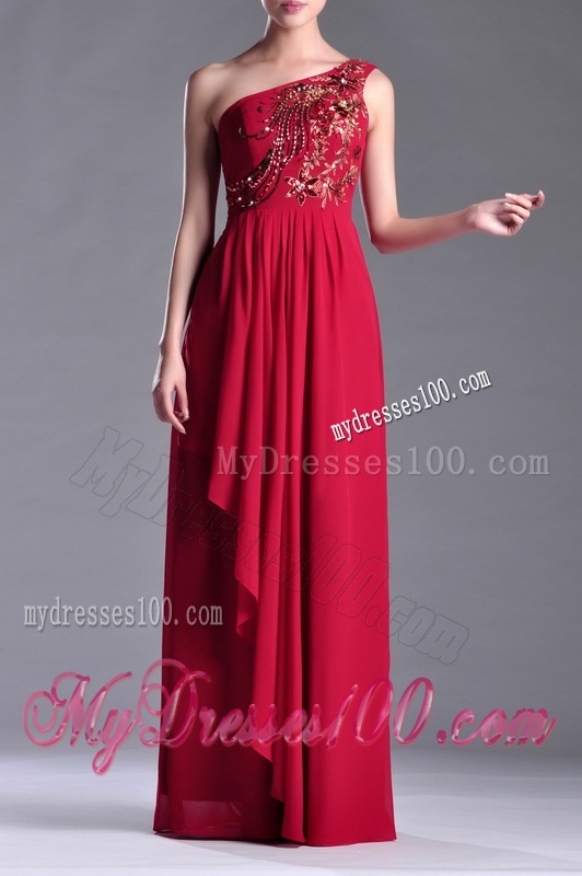 Fashionable Empire One Shoulder Sequins Red Evening Dress with Side Zipper