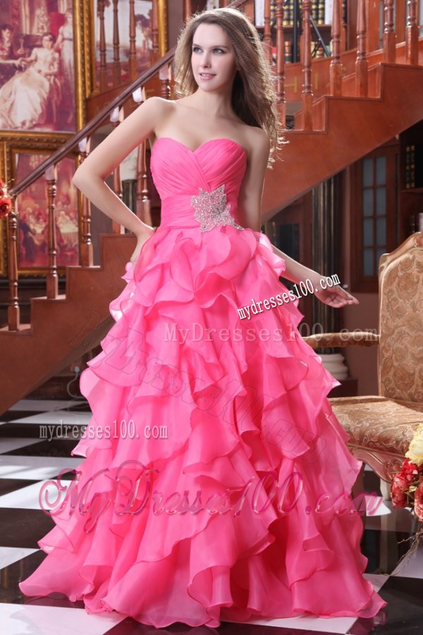 Hot Pink A-line Sweetheart Evening Dress with Beading and Ruffles