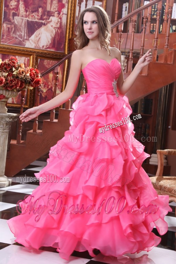 Hot Pink A-line Sweetheart Evening Dress with Beading and Ruffles