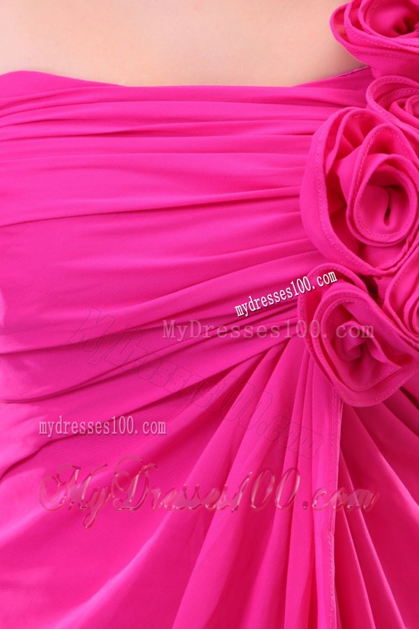 Hot Pink Hand Made Flowers and Ruching One Shoulder Evening Dress