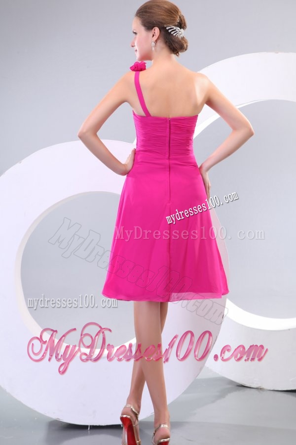 Hot Pink Hand Made Flowers and Ruching One Shoulder Evening Dress