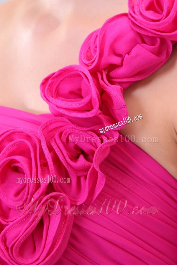 Hot Pink Hand Made Flowers and Ruching One Shoulder Evening Dress