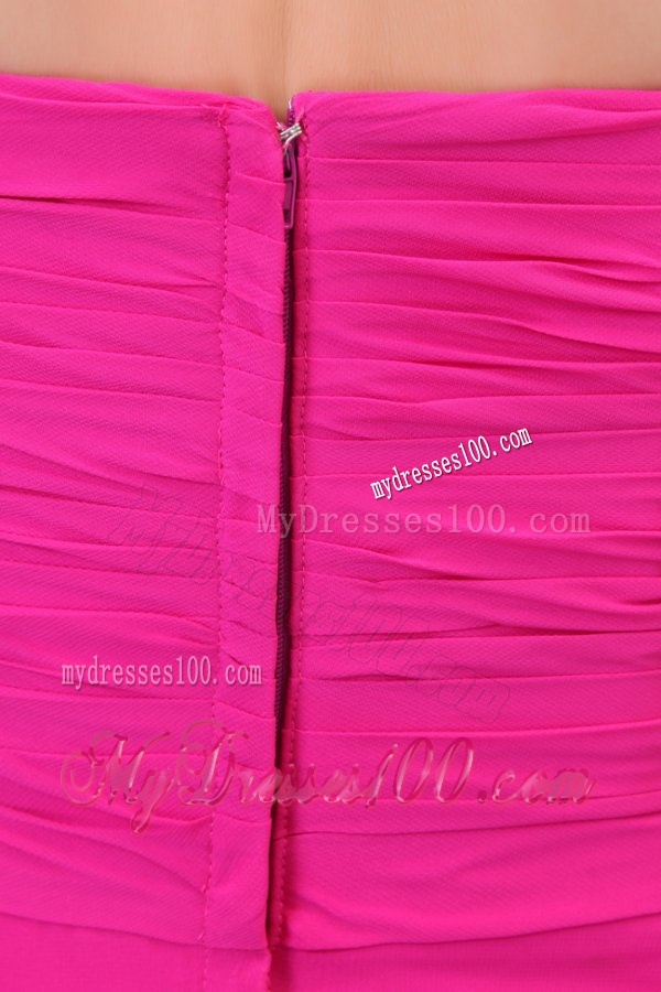 Hot Pink Hand Made Flowers and Ruching One Shoulder Evening Dress