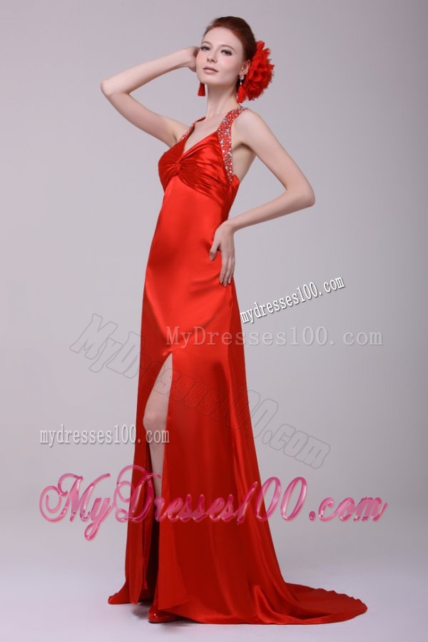 Informal Column Straps Brush Train Elastic Woven Satin Red Evening Dress with Open Back