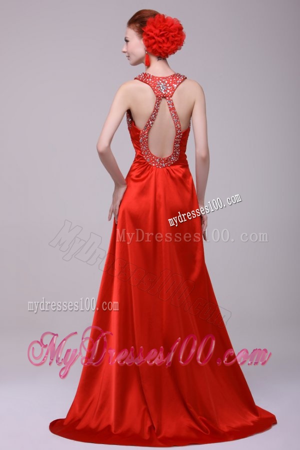 Informal Column Straps Brush Train Elastic Woven Satin Red Evening Dress with Open Back