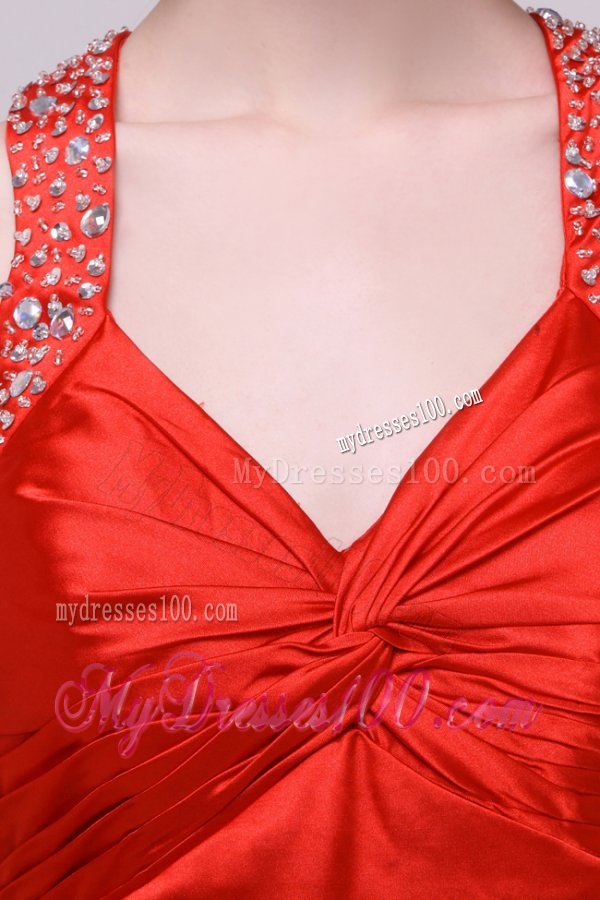 Informal Column Straps Brush Train Elastic Woven Satin Red Evening Dress with Open Back