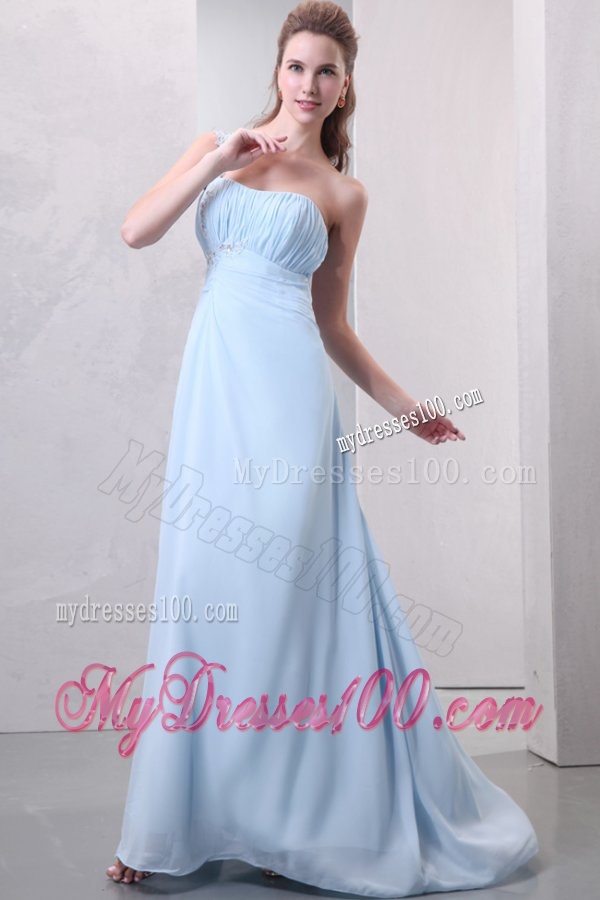 Light Blue One Shoulder Empire Chiffon Evening Dress with Appliques