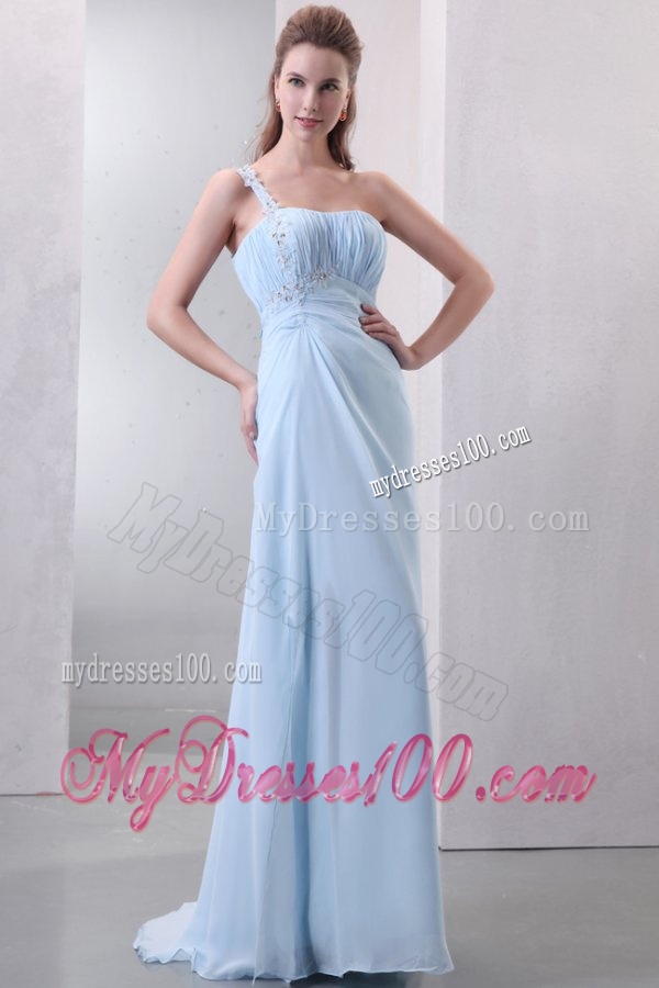Light Blue One Shoulder Empire Chiffon Evening Dress with Appliques