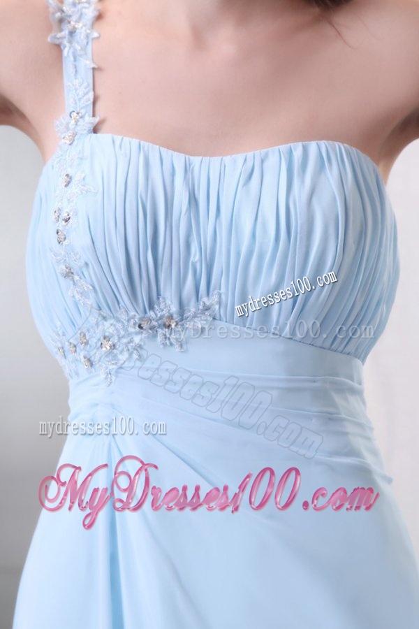 Light Blue One Shoulder Empire Chiffon Evening Dress with Appliques