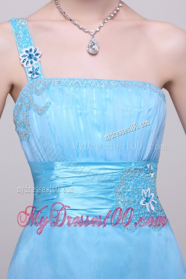 Light Blue One Shoulder High-low Beaded Decorate Evening Dress for Girls
