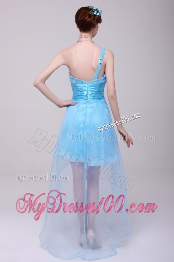 Light Blue One Shoulder High-low Beaded Decorate Evening Dress for Girls