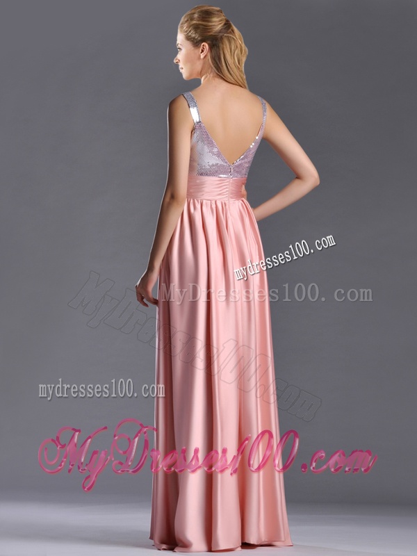 Lovely Empire Straps Zipper Up Peach Evening Dress with Sequins