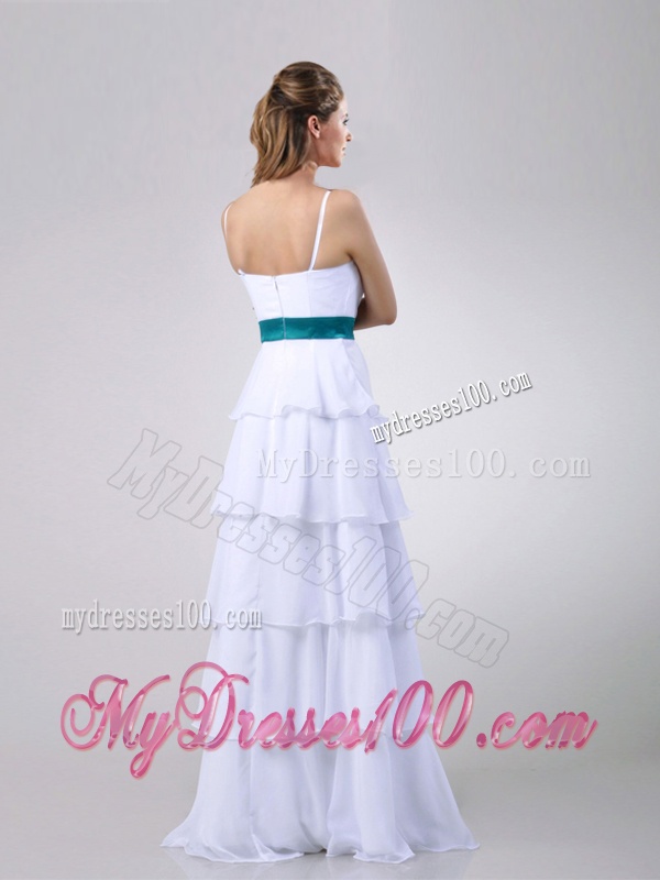 Lovely White Evening Dress with Ruffled Layers and Turquoise Belt