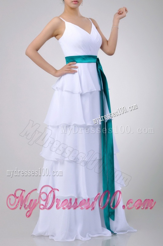 Lovely White Evening Dress with Ruffled Layers and Turquoise Belt