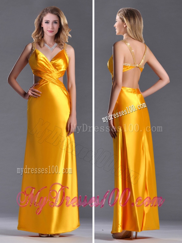 Luxurious Beaded Decorated Straps Criss Cross Evening Dress in Gold