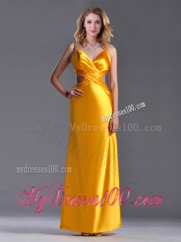 Luxurious Beaded Decorated Straps Criss Cross Evening Dress in Gold