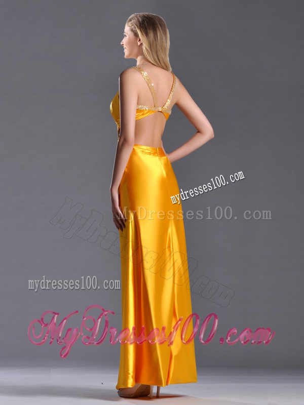 Luxurious Beaded Decorated Straps Criss Cross Evening Dress in Gold