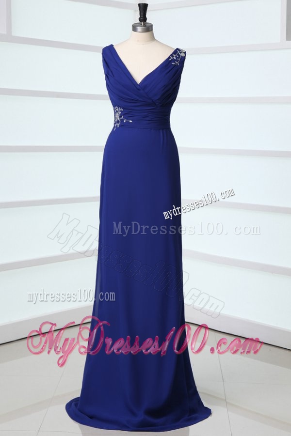 Mermaid Royal Blue V-neck Beading and Ruching Evening Dress