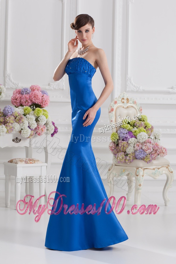 Mermaid Strapless Blue Evening Dress with Ruching and Beading