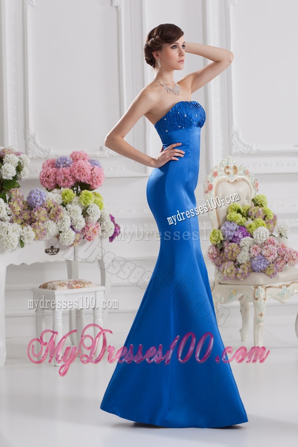 Mermaid Strapless Blue Evening Dress with Ruching and Beading