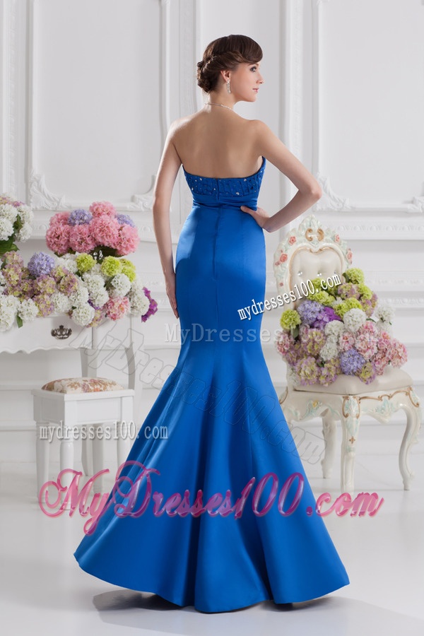 Mermaid Strapless Blue Evening Dress with Ruching and Beading