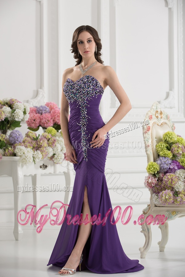 Mermaid Sweetheart Chiffon Beading Ruching Purple Evening Dress