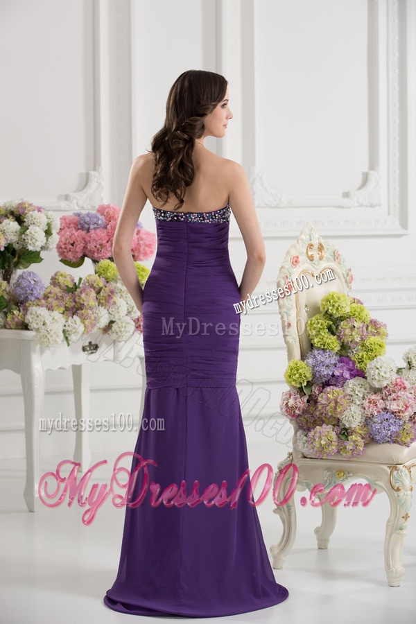 Mermaid Sweetheart Chiffon Beading Ruching Purple Evening Dress