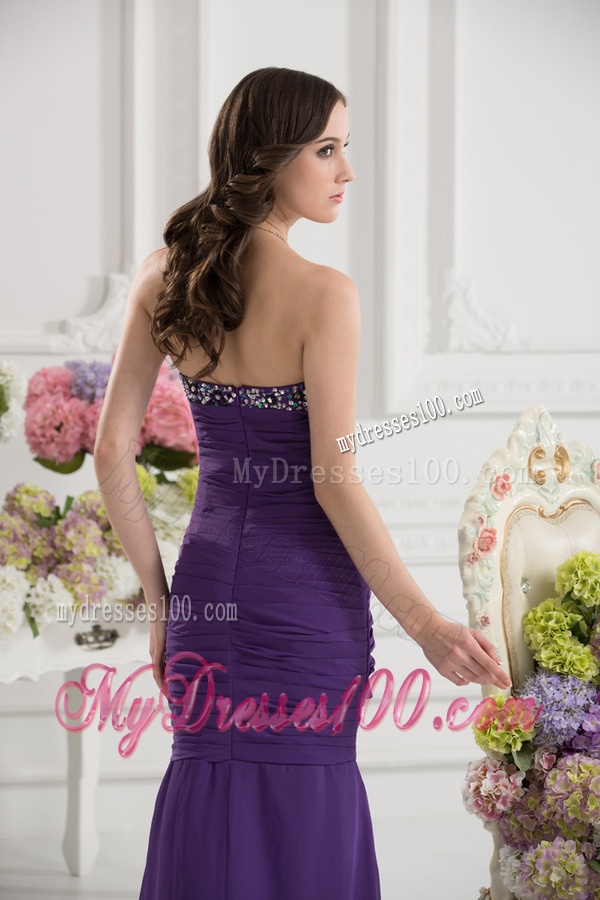 Mermaid Sweetheart Chiffon Beading Ruching Purple Evening Dress