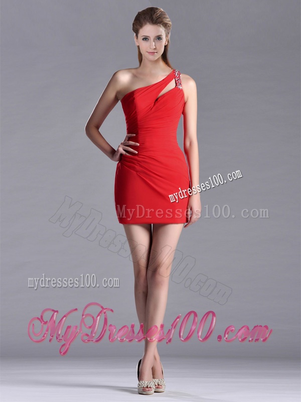 New Arrivals Side Zipper One Shoulder Red Evening Dress with Beading