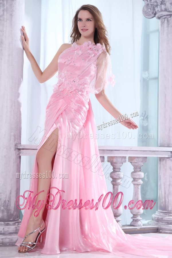 One Shoulder Column Flower and Beading Evening Dress in Baby Pink