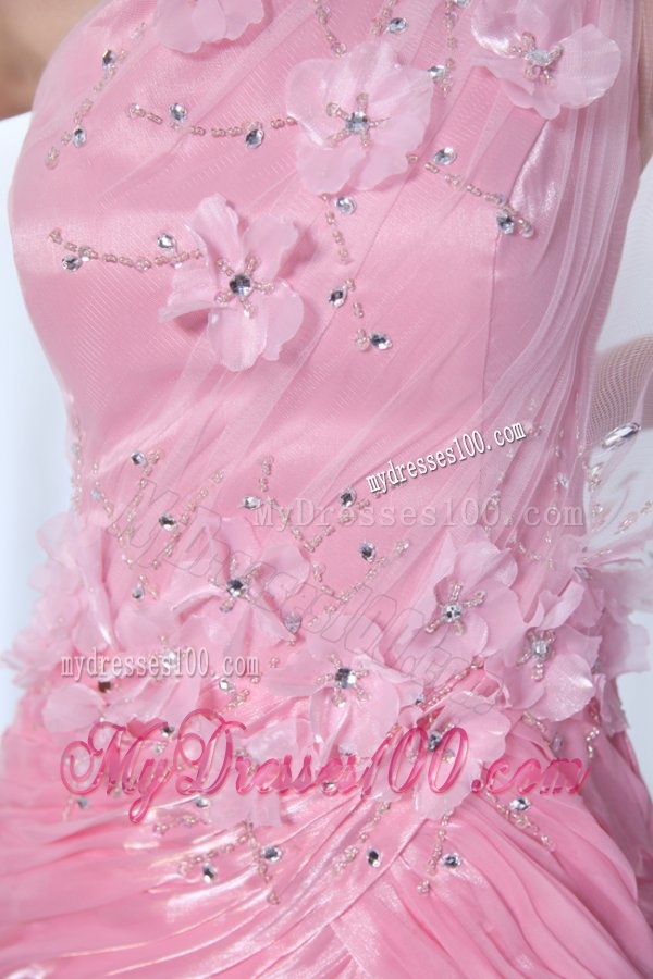 One Shoulder Column Flower and Beading Evening Dress in Baby Pink