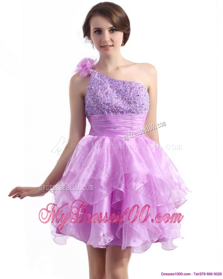 One Shoulder Lilac Evening Dresses with Beading and Hand Made Flower