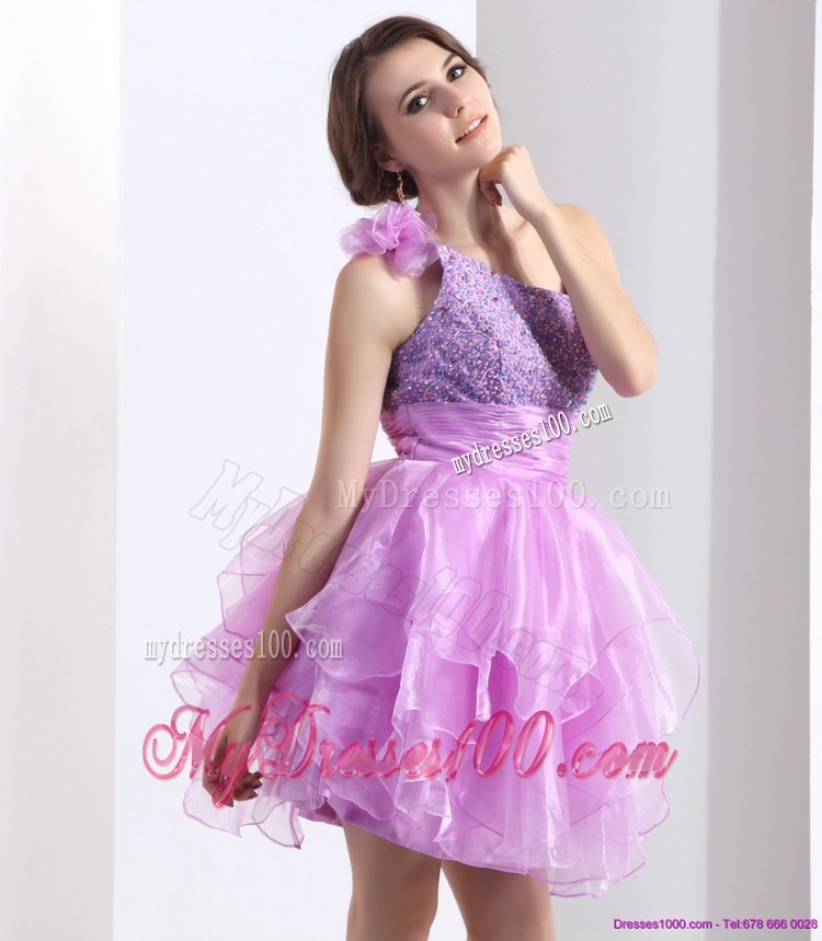 One Shoulder Lilac Evening Dresses with Beading and Hand Made Flower