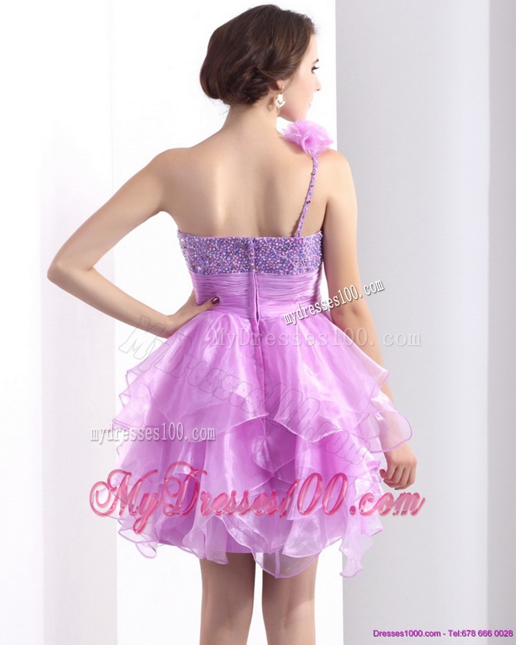 One Shoulder Lilac Evening Dresses with Beading and Hand Made Flower