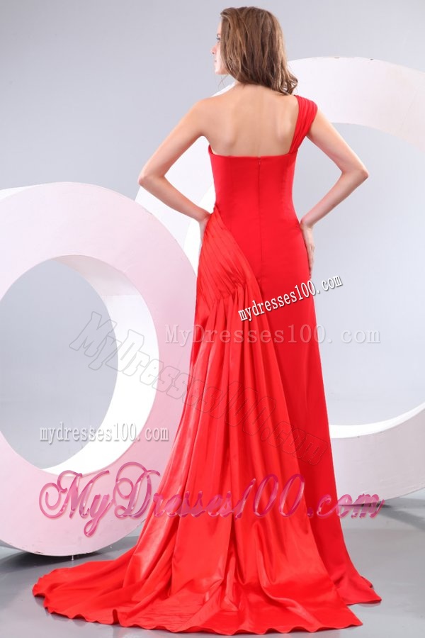 One Shoulder Red Ruche Watteau Train Evening Dress for Evening Party
