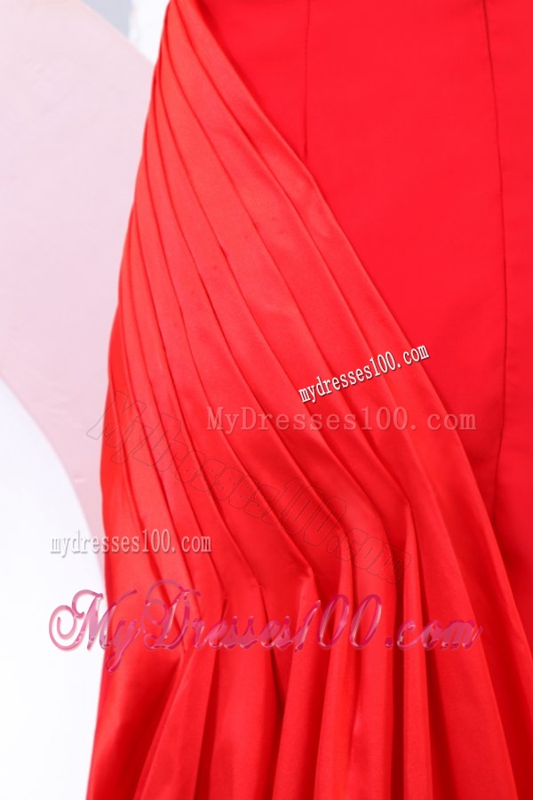 One Shoulder Red Ruche Watteau Train Evening Dress for Evening Party