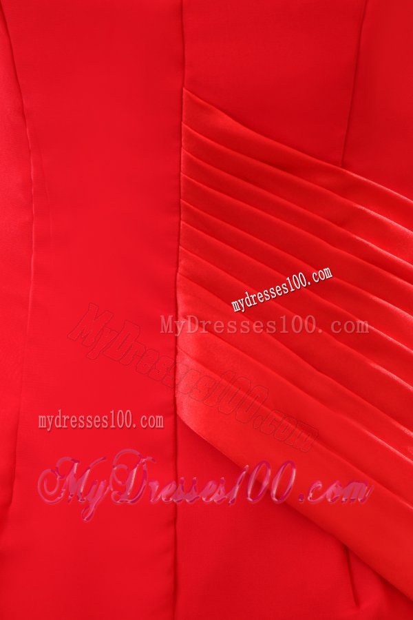 One Shoulder Red Ruche Watteau Train Evening Dress for Evening Party