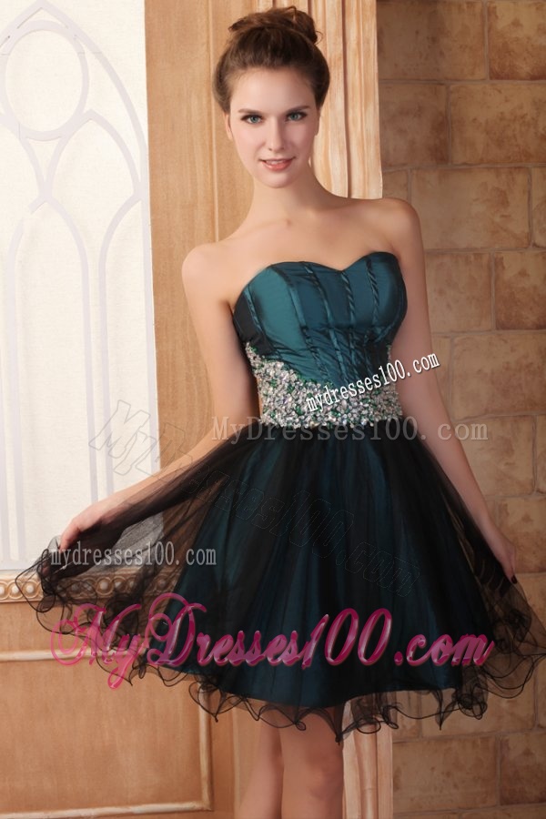 Peacock Green and Black Mini-length Short Evening Dress with Beading