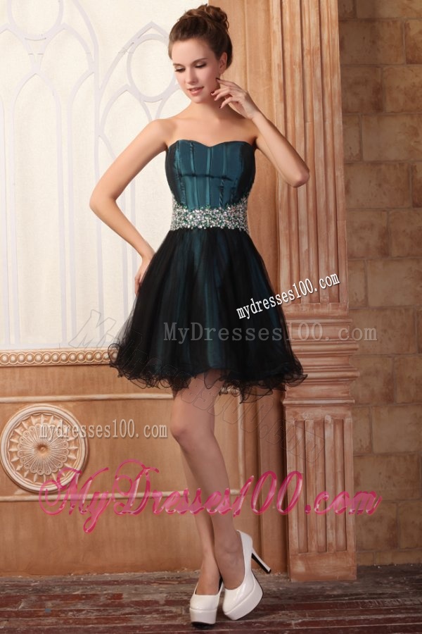 Peacock Green and Black Mini-length Short Evening Dress with Beading