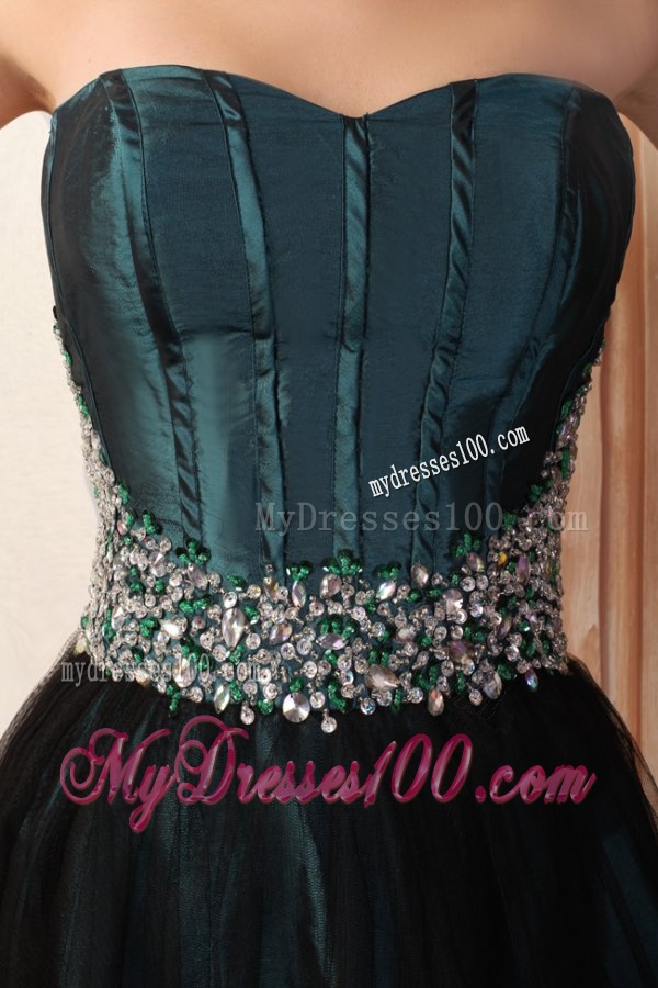Peacock Green and Black Mini-length Short Evening Dress with Beading