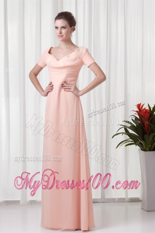 Pink Column V-neck Short Sleeves Ruching Chiffon Evening Dress