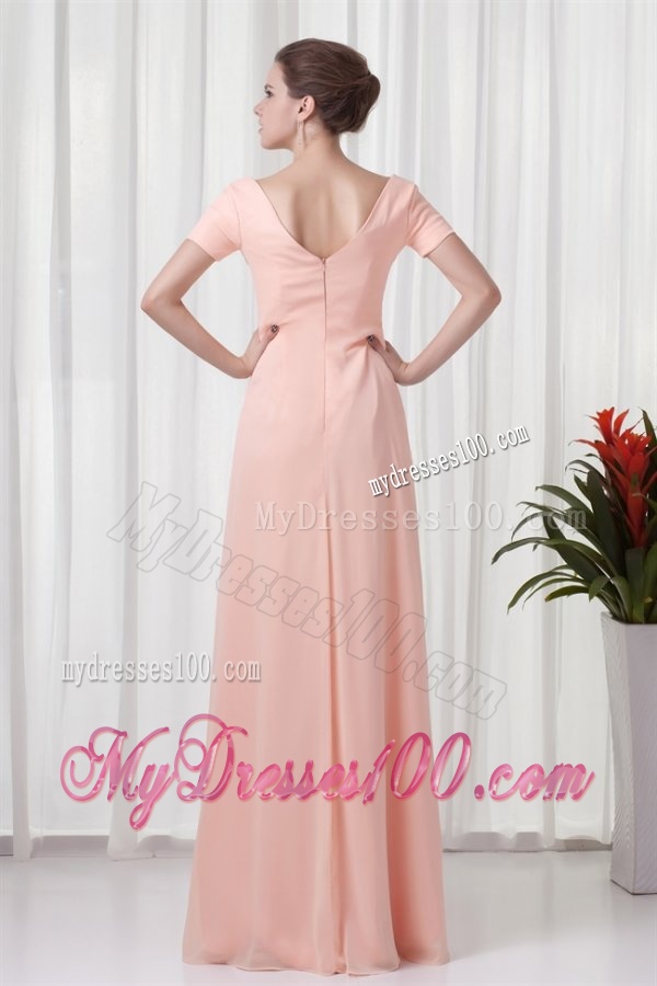 Pink Column V-neck Short Sleeves Ruching Chiffon Evening Dress