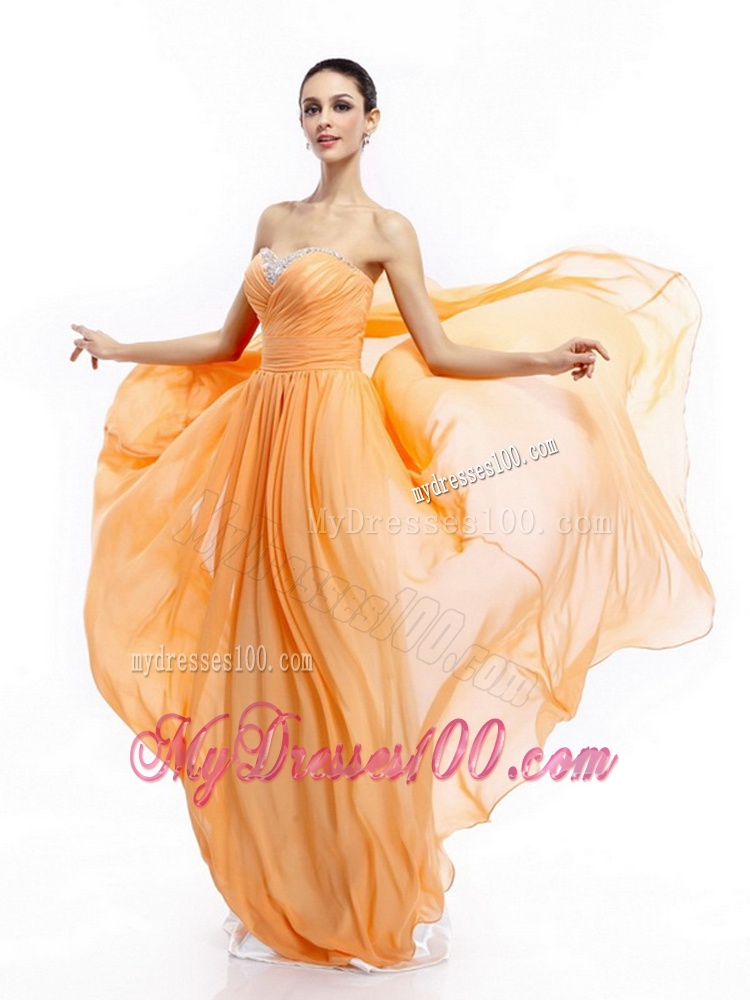 Popular Beading Sweep Train Gold Evening Dresses with Ruching