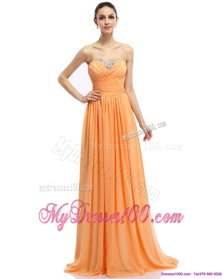 Popular Beading Sweep Train Gold Evening Dresses with Ruching