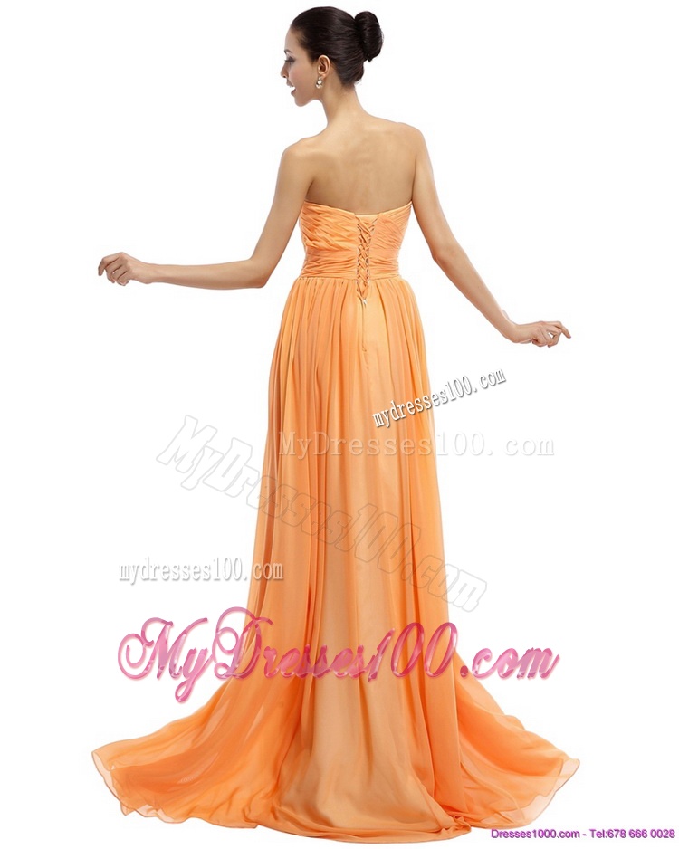 Popular Beading Sweep Train Gold Evening Dresses with Ruching