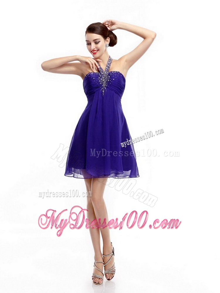 Purple Beading Halter Top 2016 Evening Dresses with Ruching