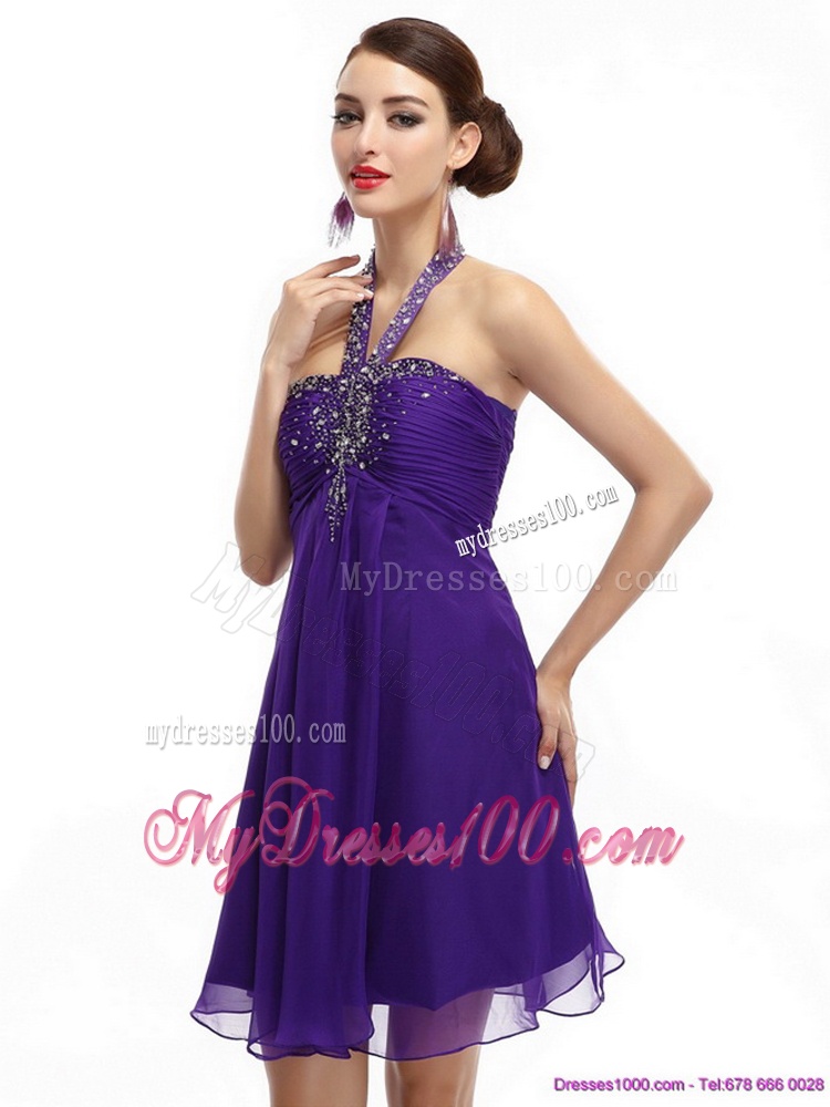 Purple Beading Halter Top 2016 Evening Dresses with Ruching