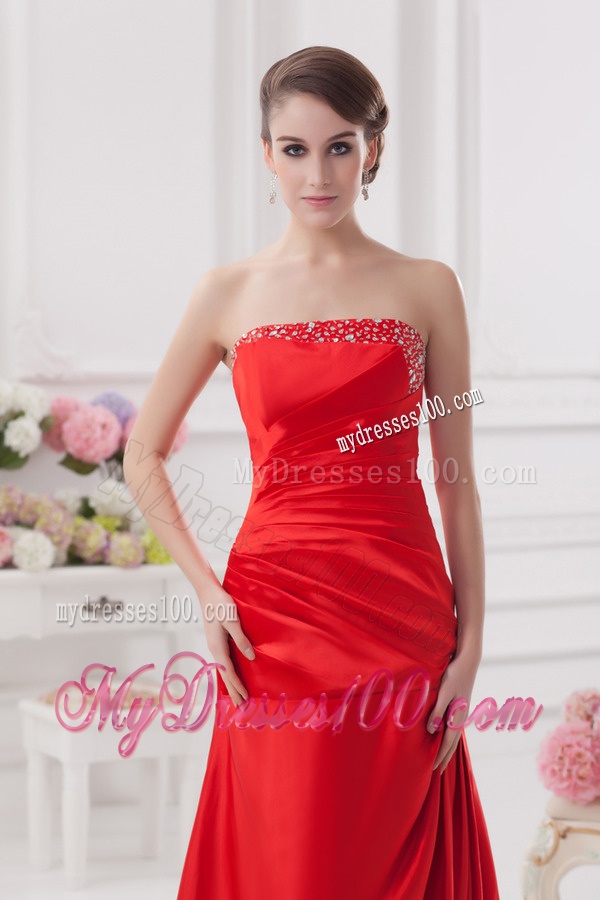 Red Column Strapless Evening Dress with Ruching and Beading